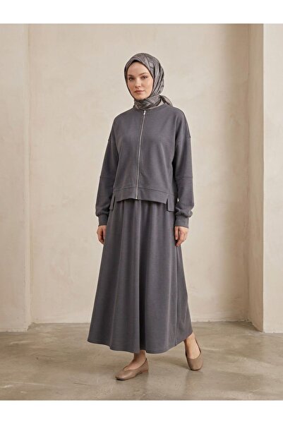 Foremia Slit Detail Zippered Fake Cuff Skirt Suit - Gray