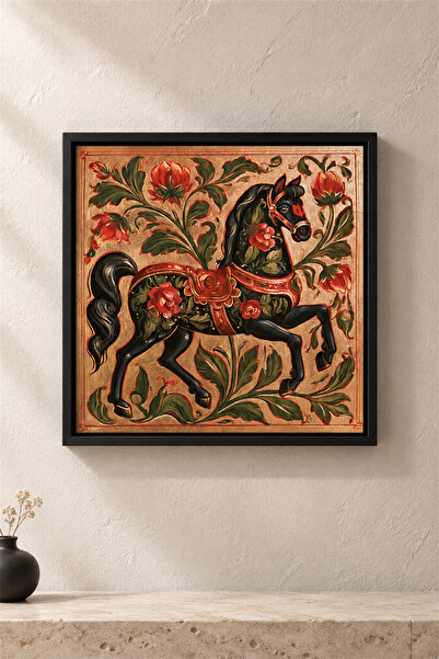Geleneksel Tezhip Detaylı At Figürlü Altın Varak Efektli Siyah Yüzer Çerçeveli Kanvas Tablo (29x29 cm)