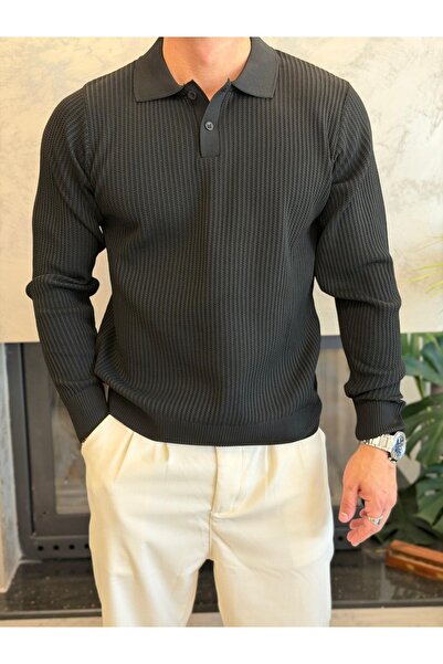 ECARTS Men's Relaxed Fit Button Closure Polo Sweater Black Eca090