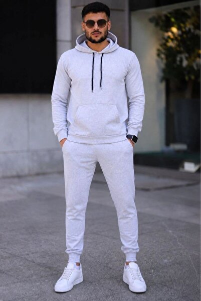 VELİZADE Men's New Season Gray Hooded Double Set with Elastic Waist and Pocke...