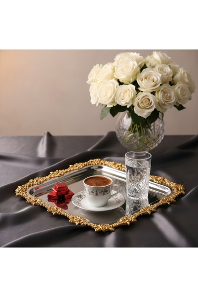 Simply Now Çiçek Motifli Lüks Döküm Çerçeveli Metal Sunum Tepsisi Kare 23x23 cm