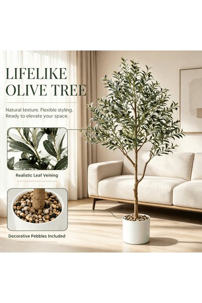 BESTONE Artificial Olive Tree 150cm with White Planter, Realistic Faux Tree, No Maintenance, Adjustable Branches for Indoor Outdoor Decor