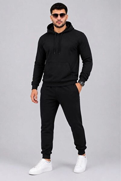 VELİZADE Men's New Season Black Hooded Double Set with Elastic Waist and Pock...