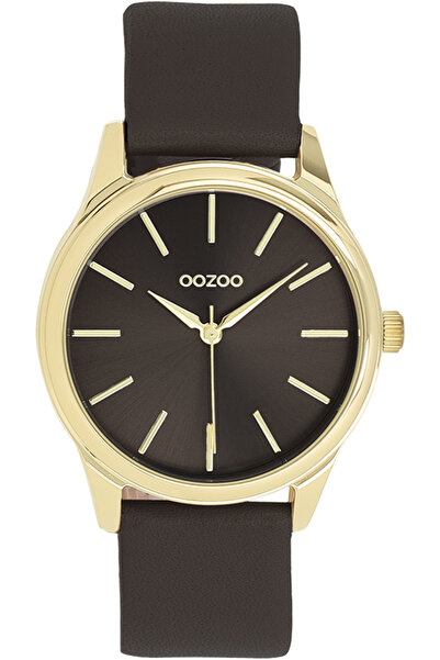 Oozoo Χρυσόχρωμο ρολόι με σκούρο καφέ δερμάτινο λουράκι - C11678