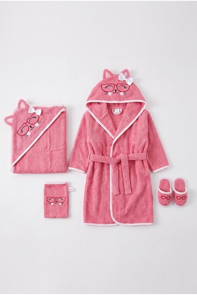 EAST&HIERA Special Cloth Pouch - Dusty Rose Baby Bathrobe Set with Glasses-Wearing Cat Figure, 4 Pieces (Bathrobe, Swaddle, Pouch, Slippers)