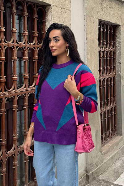 TOZLU Petrol Gülseli Women's Retro Eighties Inspired Patterned Knitwear Sweater