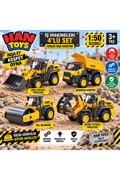 Han toys 4’lü Oyuncak İş Makinesi Seti 1:50 Metal Alaşım Kepçe Silindir ve Yü...