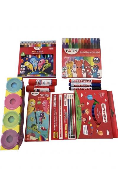 Okul Öncesi ve İlkokul Ful Set Kırtasiye Malzemeleri Paketi - Kuru Boya, Pastel Boya, Sulu Boya ve Kalem Seti