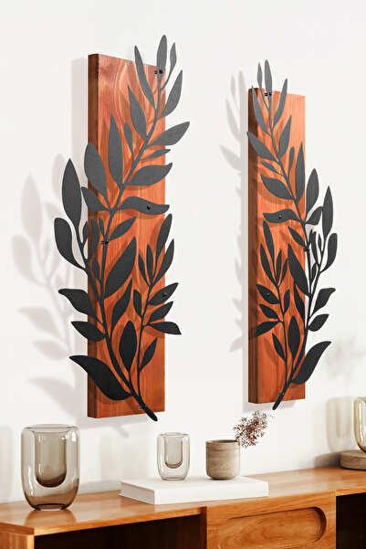 DEKORENZO Salon Duvar Süsü Yapraklı 2'li Set Metal 65x62 cm Kiremit