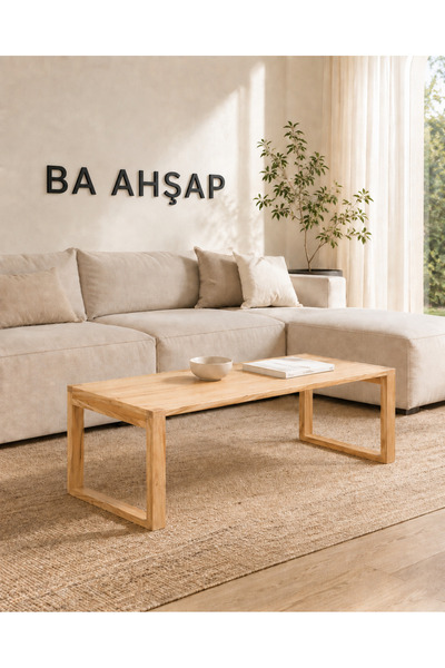 BA AHŞAP Kare Kenar Vernikli Ahşap Ayaklı Doğal Çam Orta Sehpa 50x80_OO1-01