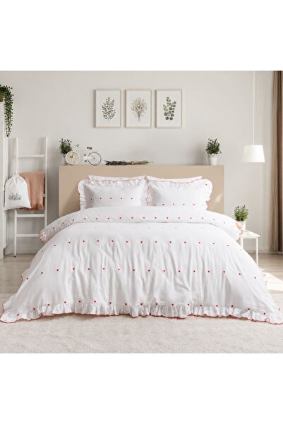 Şaheser Leona white Duvet Cover Set with red hearts, 6 pieces, Saheser Home