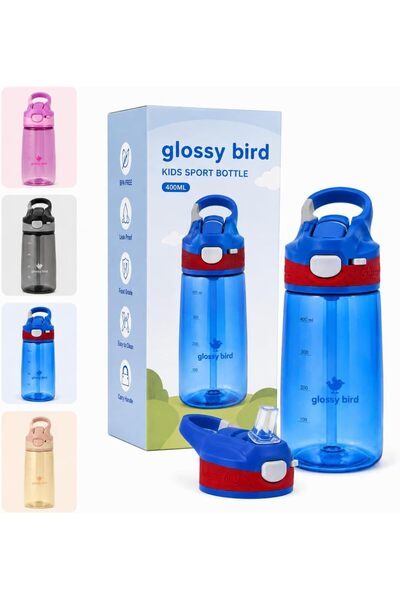 Glossy Bird Kids Water Bottle 400ml with Straw, Leak-Proof Flip Top Lid, BPA-...