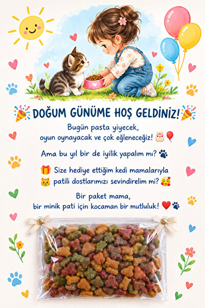 Çocuk Doğum Günü Misafir Hediyesi - Misafir Hatıralığı- Kedi Maması ve kişisel kart - Patili Dostlarımız 10 Adet