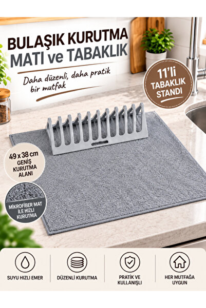 Felyra Mikrofiber Bulaşık Kurutma Matı 49x38 cm 11'li Tabaklık Standı Tezgah ...
