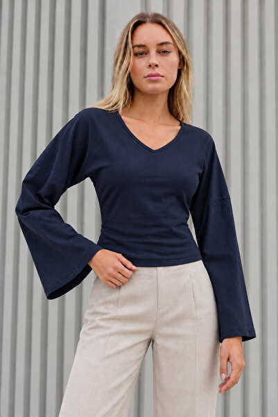 COMBİNE MİCHAİL Women's Stylish Body-Hugging V-Neck Navy Blue Blouse
