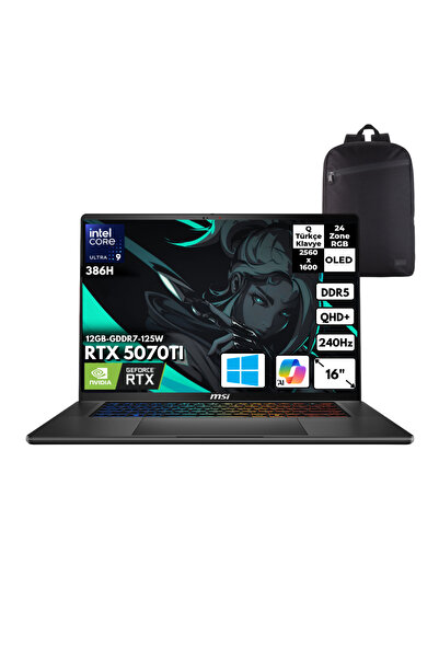 MSI Stealth 16 AI+ U9 386H 32GB 2TB RTX5070Tİ 125W 16" OLED Win11Home +S.Çant...