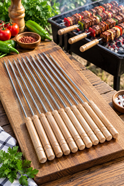 Genel Markalar 12’li Ahşap Saplı Metal Mangal Şişi Seti Kebap Et Tavuk Şiş