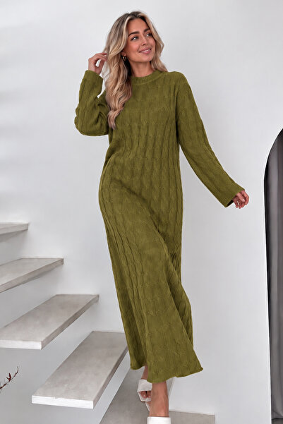 benguen Knitted Patterned Knitwear Dress K3024 Oil Green