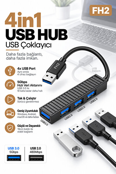 Fulltech FH2 4 Port USB Hub Çoklayıcı – USB 3.0 5 Gbps + 3× USB 2.0, USB-C Gü...