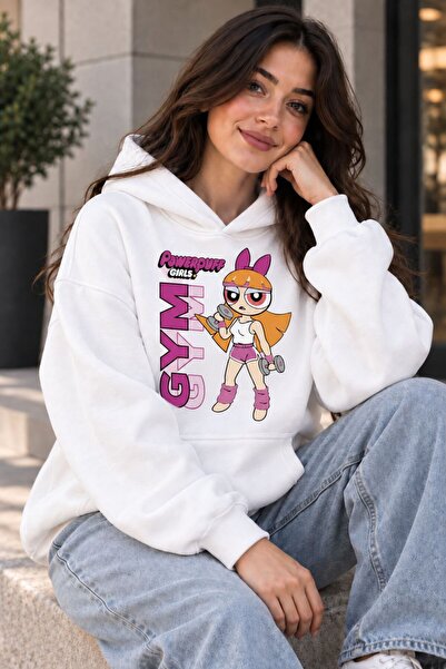 Joetsu Women's Oversize Cartoon Character Printed Hooded Sweatshirt with Kang...