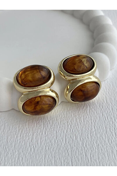 Luparadis Special Series Brown Acrylic Stone Double Oval Design Gold Earrings