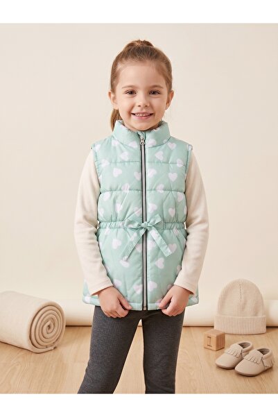 Deniva Kids Kız Çocuk Mint Yeşili Kalp Desenli Beli Fermuarlı Şişme Yelek