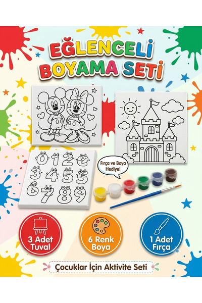 wogu home Çocuklar İçin 3'lü Tuval Boyama Seti Şato, sayılar, seçimli figürle...