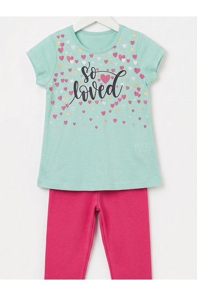 KİAGU Children's Set Character Printed Crew Neck Short Sleeve T-Shirt Leggings 2-Piece Set 2-6 Years Cotton Loved