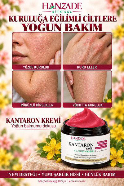 Hanzade Bitkisel St. John's Wort Oil Cream 50 ml X 3 Pieces – Moisturizing Face, Hand and Body Care Cream, with Vitamin E