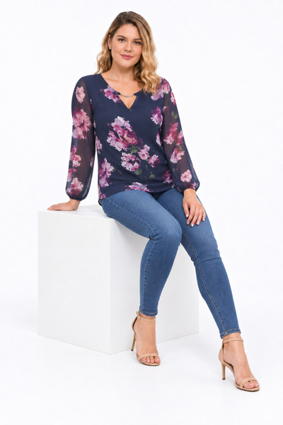 Şans Women's Plus Size, Navy Blue, Collar Detailed, Floral Pattern Lined Chiffon Blouse 65N39628