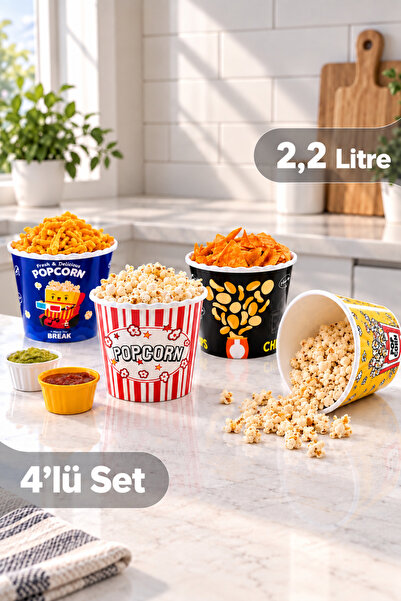 Soft Chef 4'lü Set 2,2 Litre Popcorn Kovası,Patlamış Mısır,Cips ve Atıştırmal...