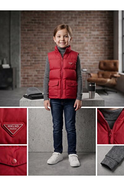 Deniva Kids Çocuk Kırmızı Dik Yaka Cepli Şişme Yelek