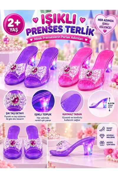 BYCEGU Çocuk Işıklı Prenses Terliği Fiyonklu 2 Renk Seçeneği Vardır Mor Renk Ve Pembe Renk