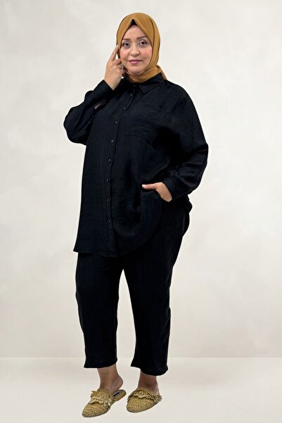 Eslina 67068 Large Size Men's Collared Double Liyosell Trouser Suit - Black