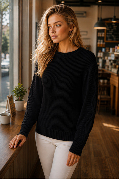AQE FASHION Γυναικείο πουλόβερ με στρογγυλή λαιμόκοψη, μακρυμάνικο, με πλεκτό...
