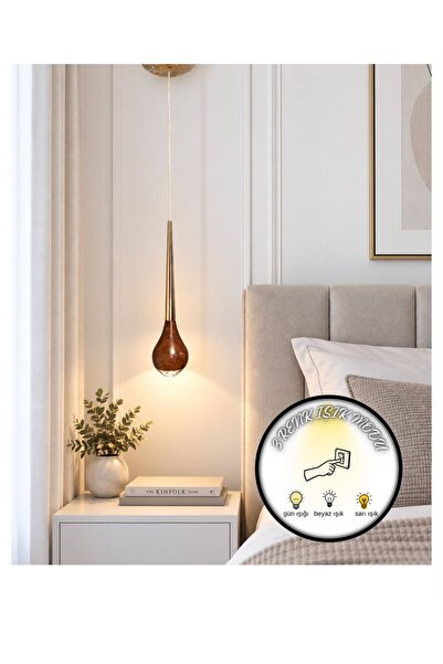 bella lighting Modern Ahşap Tekli Sarkıt Avize Gold Detaylı Dekoratif Aydınla...