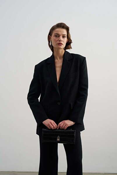 Beauty Omelette Siyah Düz Kesim Keten Blazer Ceket