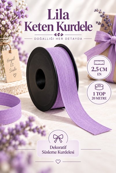 kubbe tekstil aksesuar شريط كتان أرجواني 2.5 سم - 1 بكرة 20 متر - شريط زخرفي،...