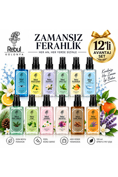 Rebul 125 ml Spreyli Pet Şişe Kolonya 12'li Avantaj Seti - Karma Koku Seti