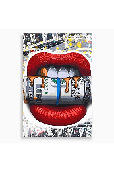 Luxcanva Tablou Canvas Dollar Lips 70x100 cm pe Sasiu Lemn Living Bani Financiar