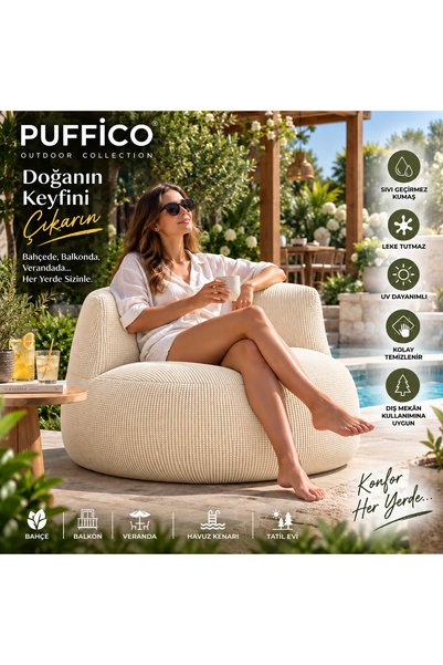 puffiber Outdoor Berjer Puf Koltuk – Sıvı Geçirmez Leke Tutmaz Kumaş – Bahçe Balkon Veranda