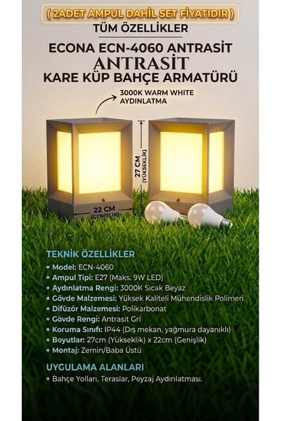 ECONA 2 ADET ECN-4060 Antrasit Dekoratif Kare Küp Set Üstü ABS Bahçe Aydınlat...