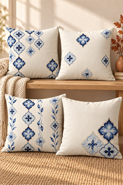 Evmila Blue and White Tile Geometric Pattern 4 Pillow Covers 1 Runner 5 Piece Set