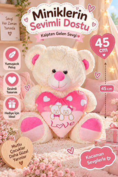 hak-iş oyuncak 45 cm Heart Plush Bear – Cream & Pink Soft Plush Toy