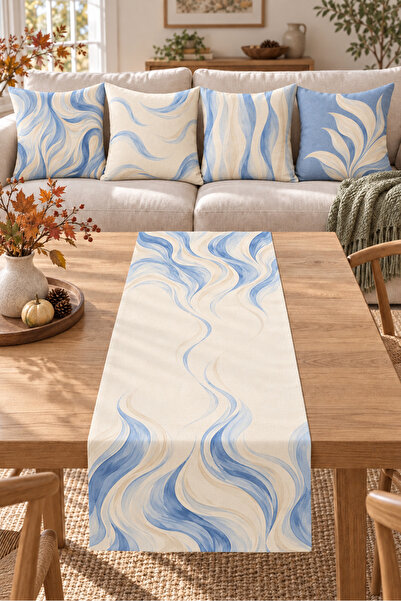 Evmila Blue Beige Marble Wave Pattern 4 Throw Pillow Covers 1 Runner 5 Piece Set