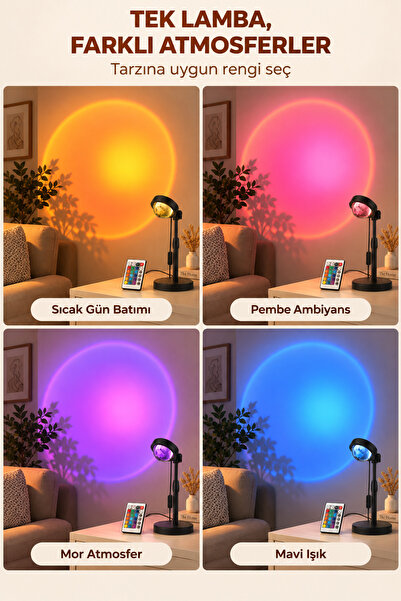 ALFAGİFT Kumandalı RGB LED Gün Batımı Lambası, USB’li 26-36 cm Ayarlanabilir Sunset Projeksiyon Gece Işığı