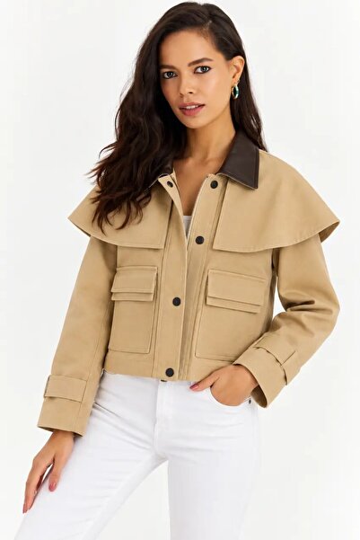 Cool & Sexy Women's Beige Cape Detailed Jacket with Contrast Collar and Zippe...