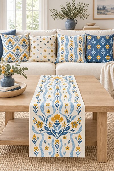 Evmila Blue Yellow Tulip Ethnic Patterned 4 Cushion Covers 1 Runner 5 Piece Set