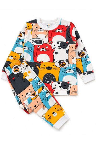 ALİŞ KİDS Boy's 100% Cotton Colorful Cat Patterned Long Sleeve Crew Neck Pajama Set