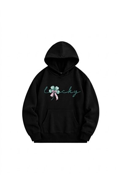 Siyah Lucky Baskılı Kapşonlu Sweatshirt